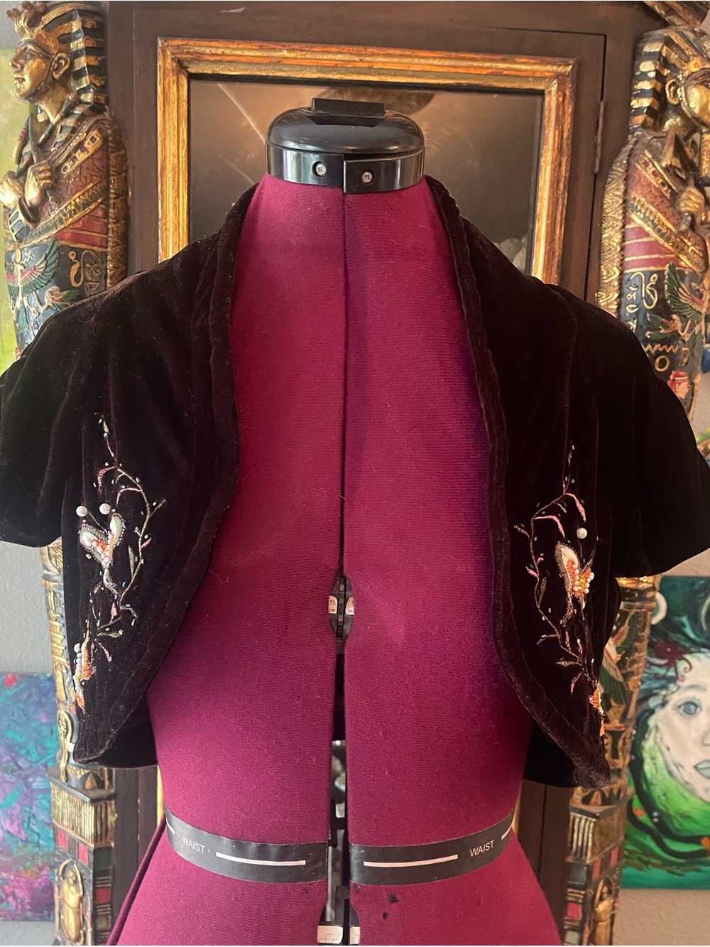 Embroidered Dark BrownVelvet Cropped Bolero Jacket - Floral Detail